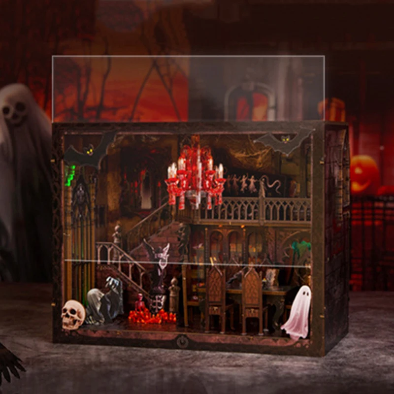 Centre de livre en bois, bricolage, Kits de modèles miniatures, serre-livres de maison sombre d'halloween, Puzzle 3D avec lumières, étagère pour cadeaux d'amis