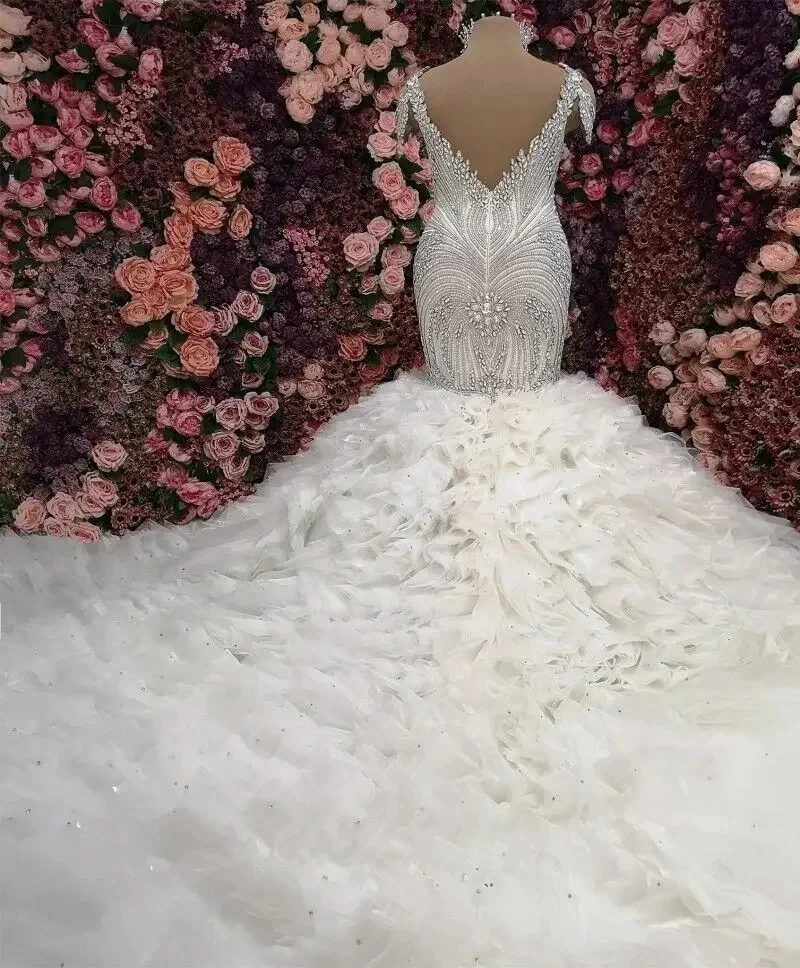 

2025 Sparkly Crystal Mermaid Wedding Dress Long Train Ruffles Tiered Organza Princess Church Civil Bridal Gowns Vestido De Noiva