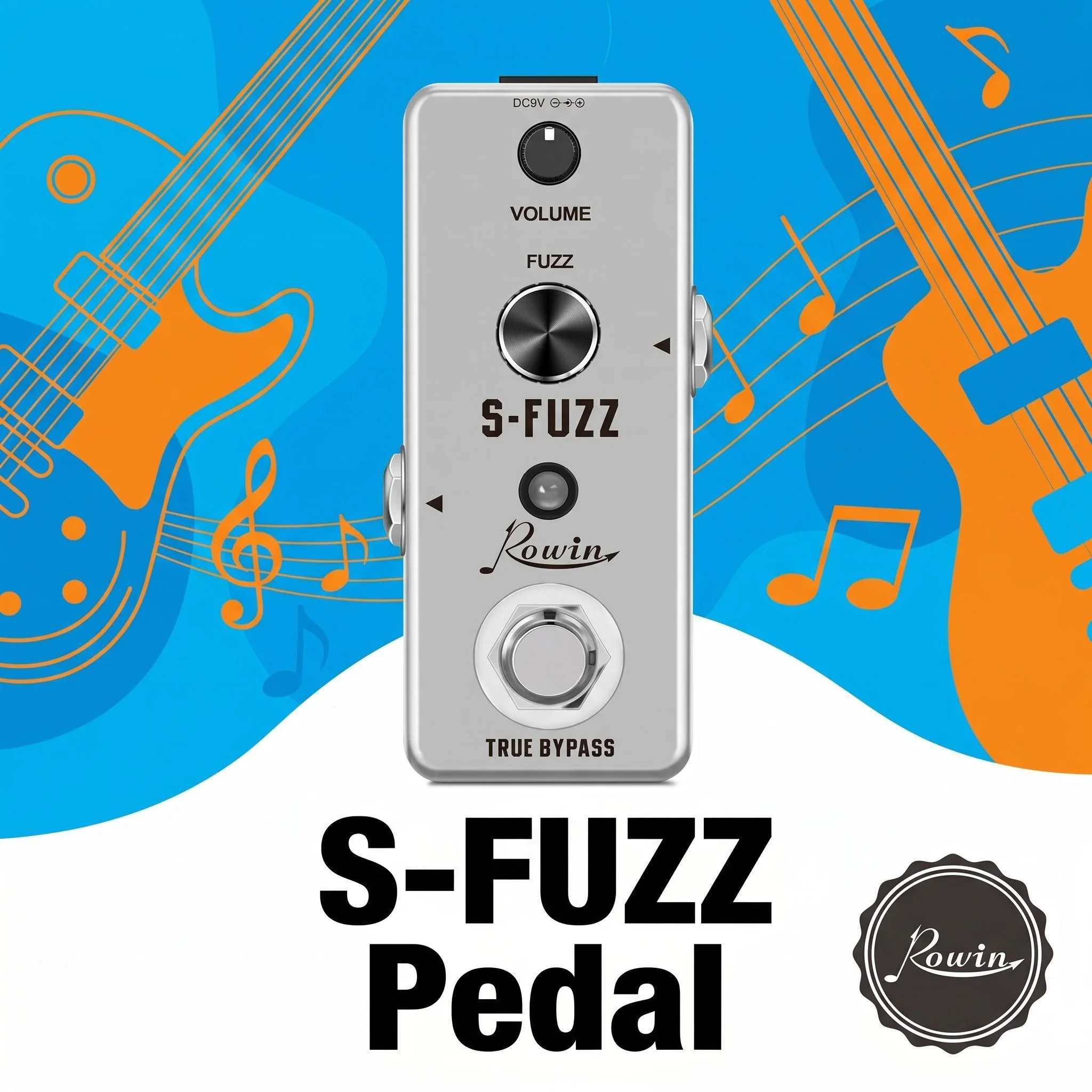 Pedal de Guitarra Rowin S-Fuzz Classic Super Fuzz, Efecto de Tono y Volumen, Efectos Fuzzy y Fazy para Guitarra Eléctrica y Bajo, Bypass