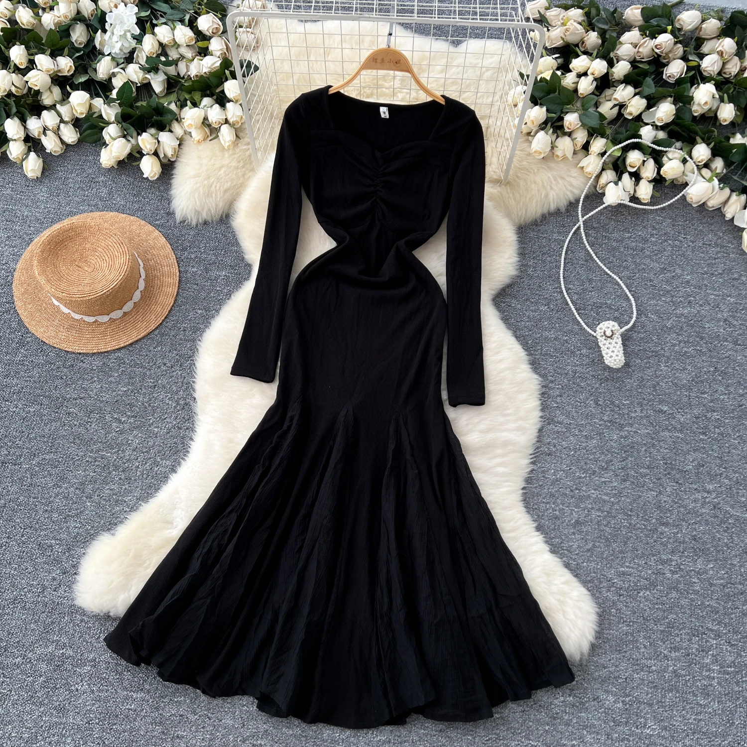 Elegant Square Collar Vintage Long Sleeve Chic Pleated Slim Mermaid Dresses French Evening High Street Autumn Winter Clothing