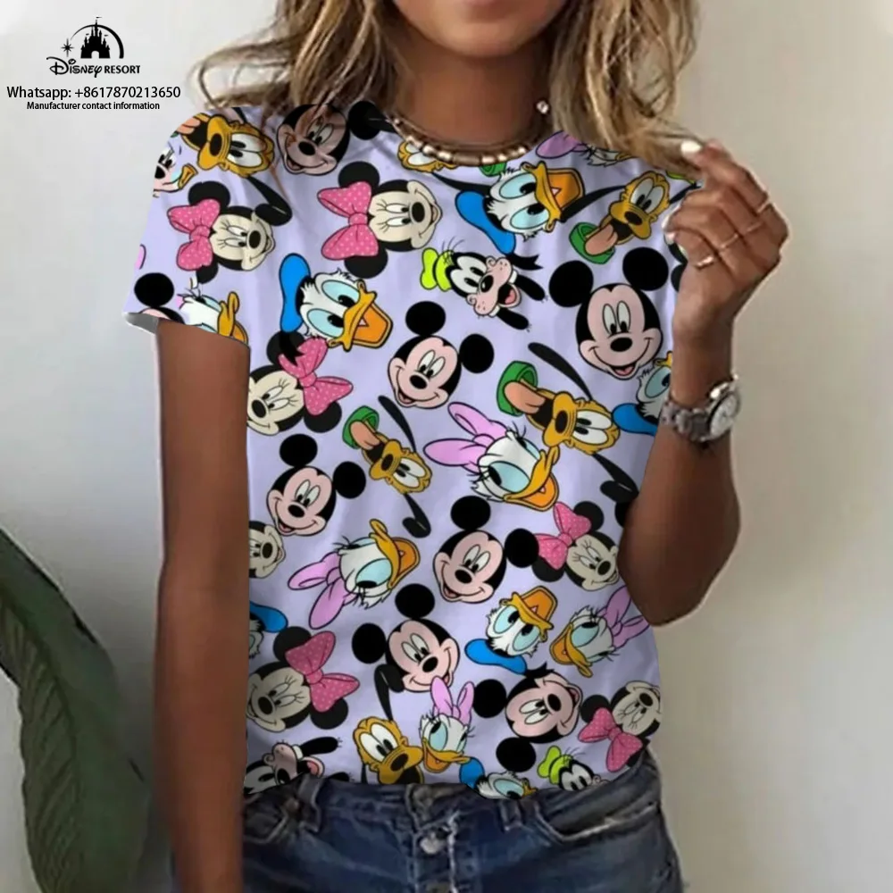 2023 Summer Disney Mickey Minnie Animation New Women\'s Round Neck T-Shirt Fashion Casual Harajuku Children\'s Top Ins Style