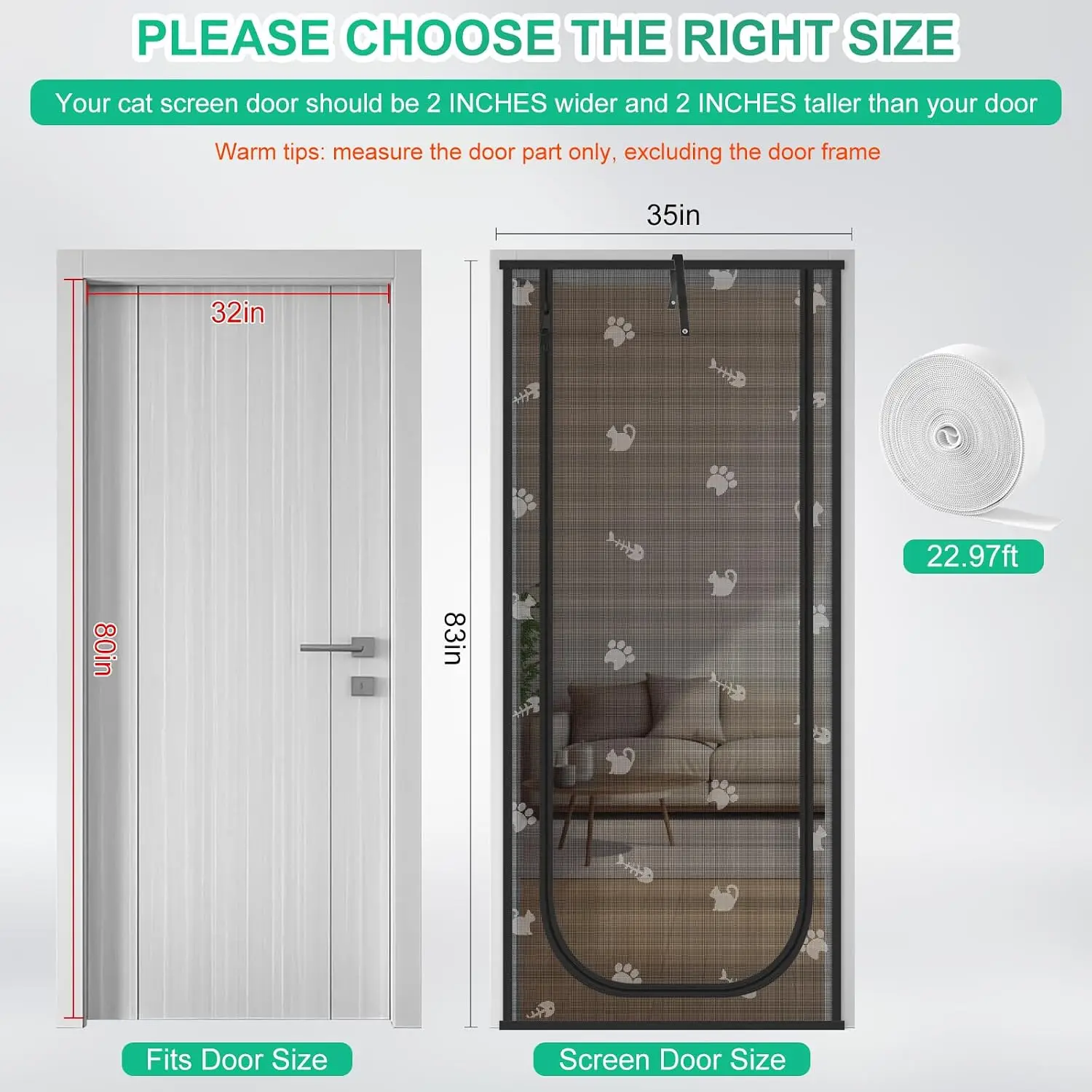 Reinforced Pet Proof Screen Door with Zipper, Fits 32