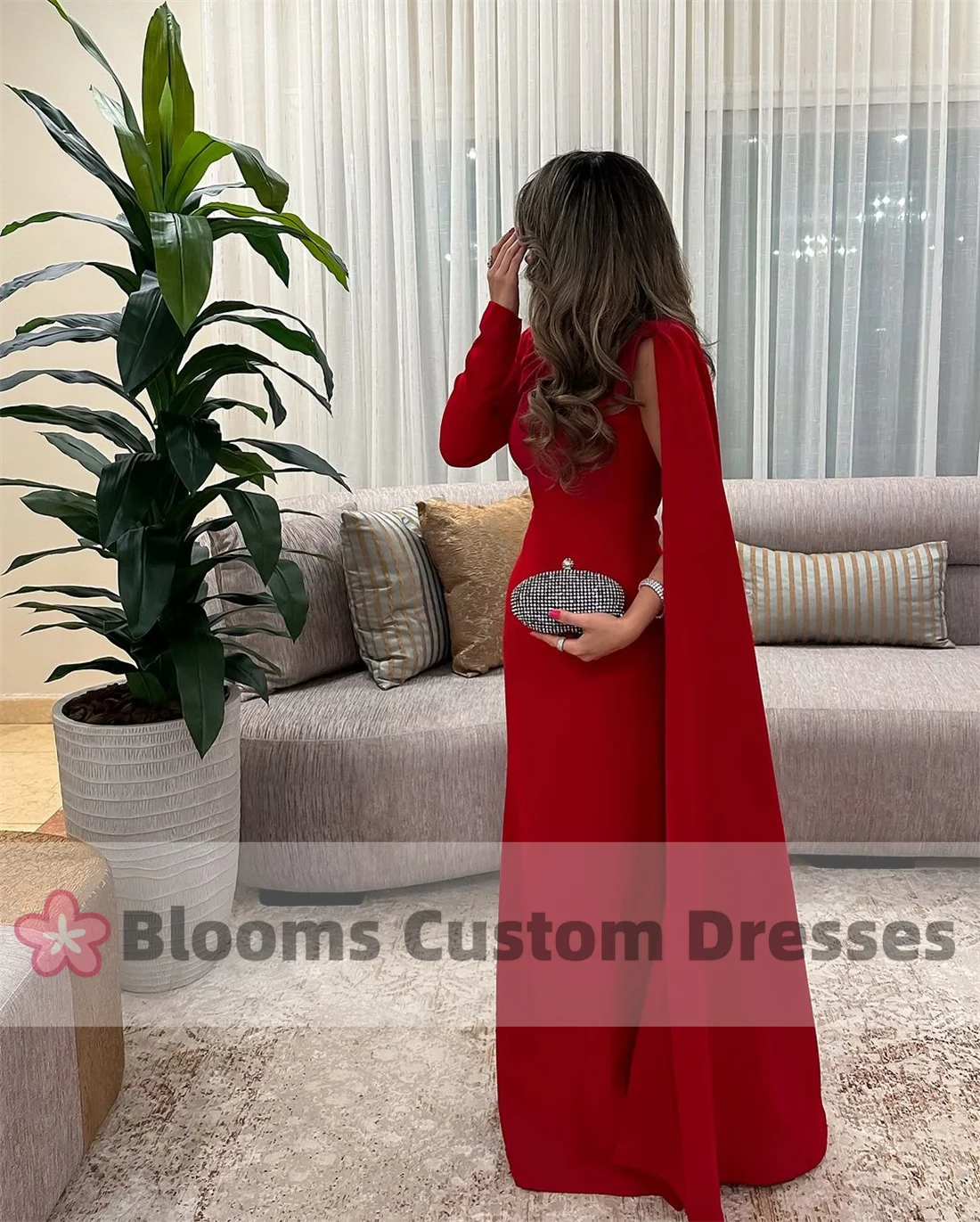 Blooms Red Cape Long Sleeve Saudi Elegant Women Prom Dresses For Special Occasion Floor-length Party Customized Evening Dress