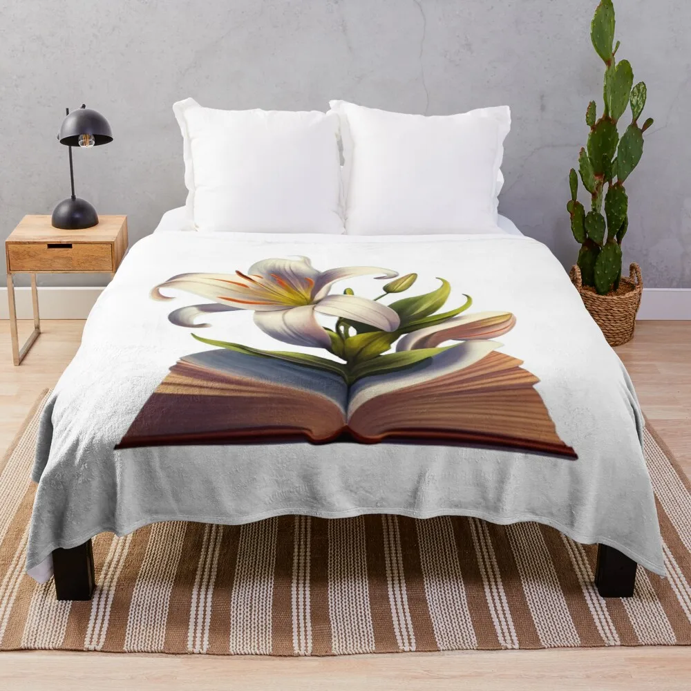 Flowers Growing From Book Hyper Realistic White Asiatic lilies Throw Blanket Retros Weighted Nap Blankets