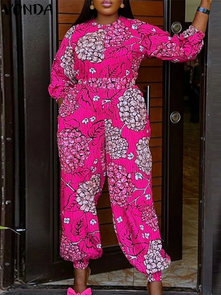 

Плюс размер VONDA Женские комплекты брюк 2025 Осень Цветочный принт 2 шт. Повседневный топ с длинными рукавами Высокая талия Длинные брюки Богемные свободные комплекты