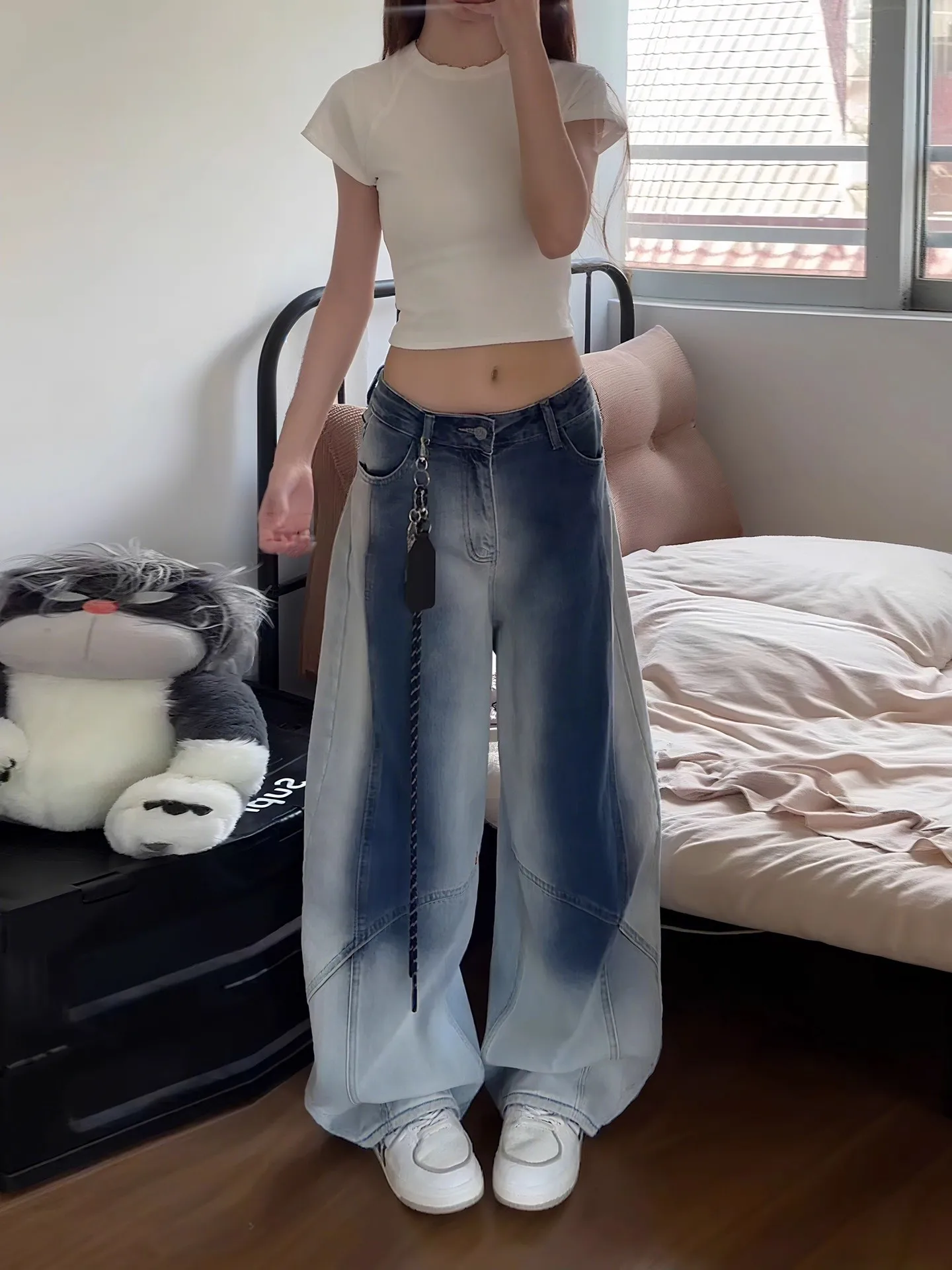 

Джинсы унисекс с эффектом градиентной окраски, прямые, свободного кроя, в американском уличном стиле, осенние, повседневные