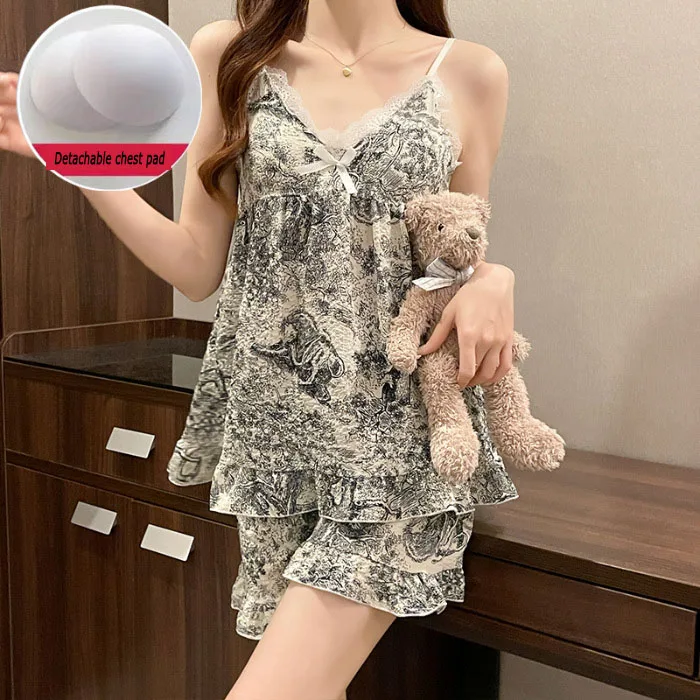 

New temperament suspender pajamas women's chest pad suit bubble wrinkle summer home clothes