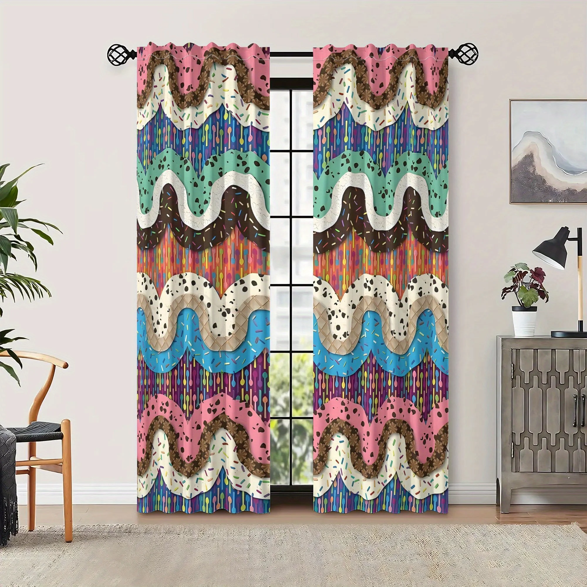 Delicate ice cream dreamy pattern curtains, pole-mounted installation Suitable for living rooms bedrooms dining rooms and hotels