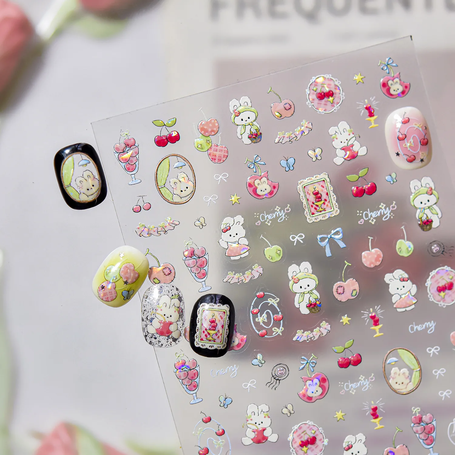 

Summer Sweet Dessert Cup Bunny Nail Sticker Cherry Apple Strawberry Bow Butterfly Star Cartoon 5D Self-adhesive Decals Manicure