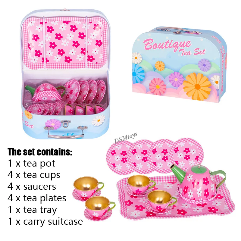 시뮬레이션 차 세트 주석 소재 티 파티 세트 장난감 식기 놀이 집 주방 오후 차 게임 장난감 어린이를위한 선물 소녀