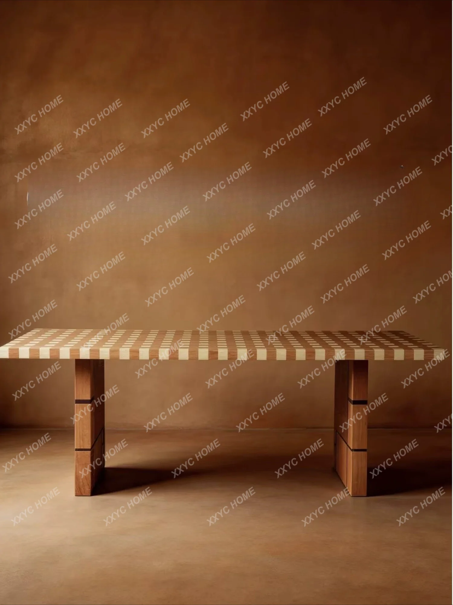 Medieval creative checkerboard plaid solid wood dining table simple rectangular eating table large board tea table