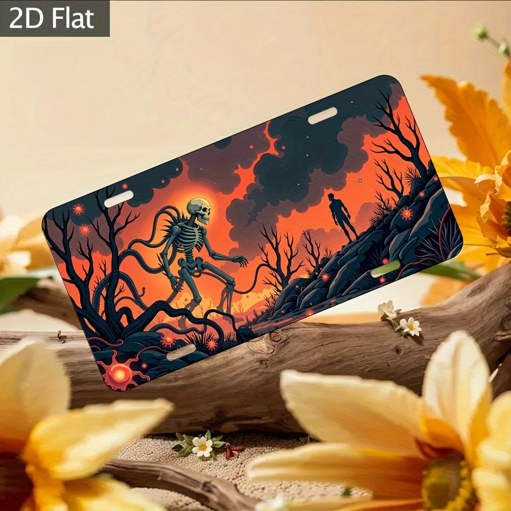 2D Flat Printing, 1pc, Men's Skull 6x12 Inch for decoration only Aluminum License Plate- 2D Flat Car Decoration, Fiery Red Sky,