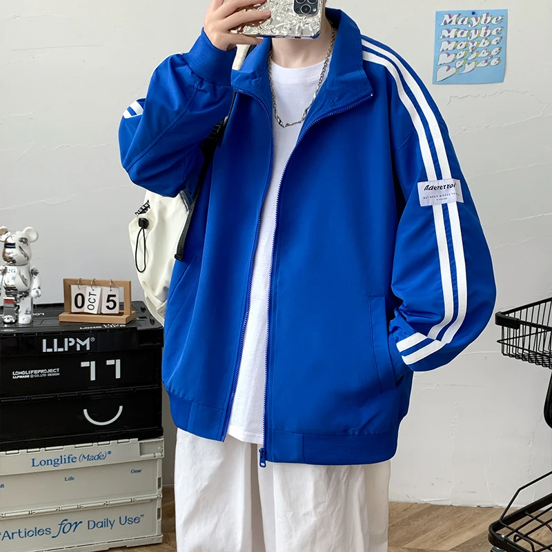 

Lightweight Loose Fit Jaet for Teen Boys Autumn Season Blue Flight Suit Two-Button Notch Collar Polyester Fiber Zipper Closure