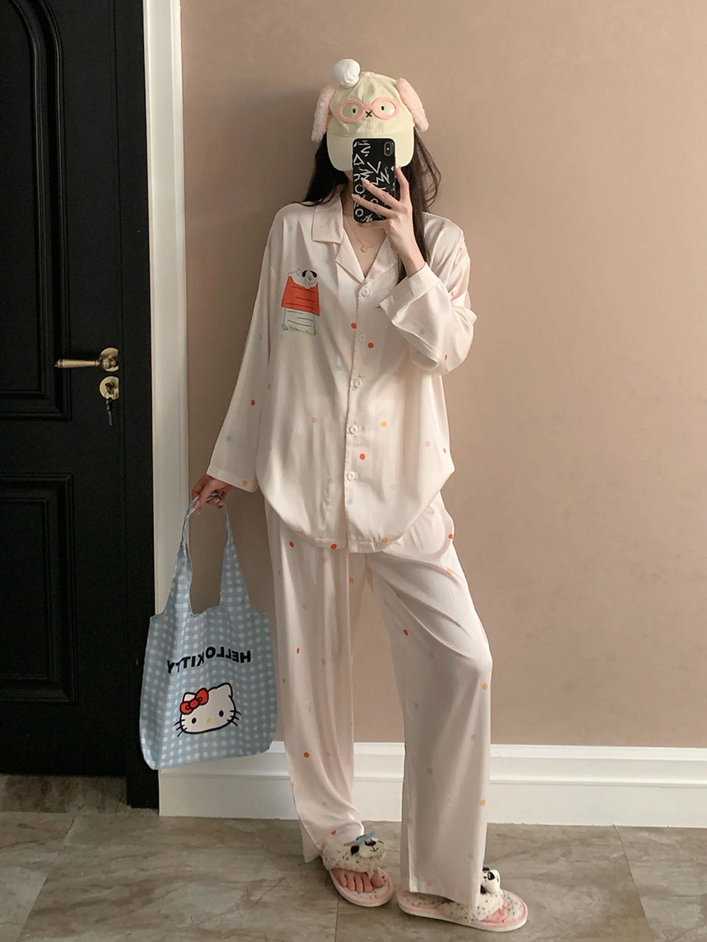 women's-sleepwear-long-sleeve-ice-silk-cardigan-home-clothes-spring-autumn-seasonal-outwear-dog-print-set-sweet-cute-style