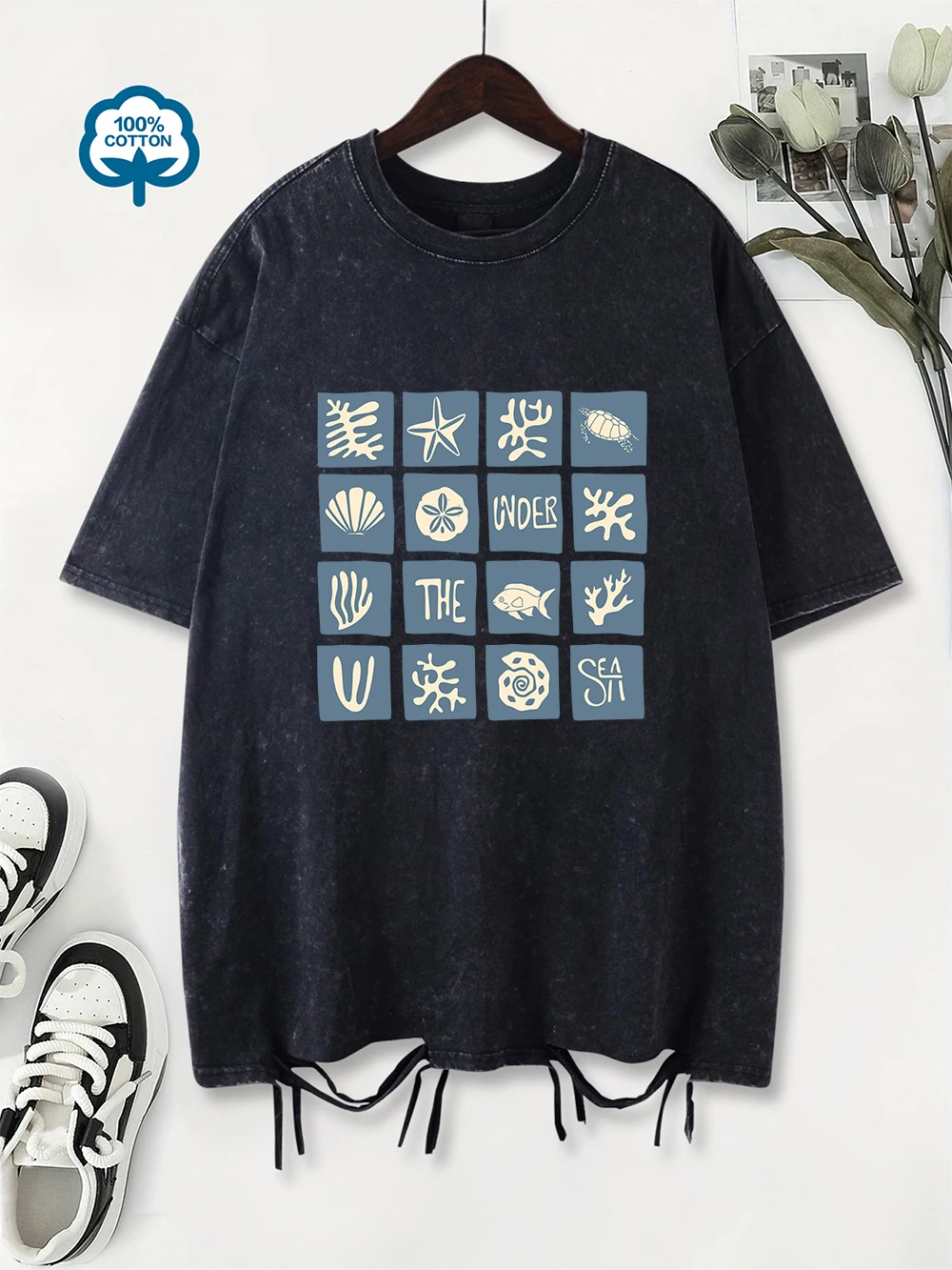 Summer Washed T-Shirts Womens Cotton Under The Sea Printing T Shirt Casual O-Neck Oversized Streetwear Vintage Woman Clothes