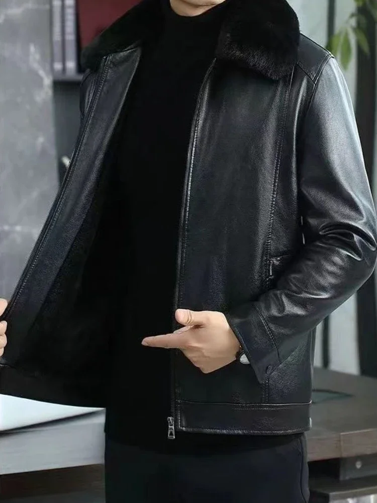 Winter Leather Coat for Men Warm Flannel Lined Middle Aged Jacket with Multiple Pockets Classic Casual Style for Fathers