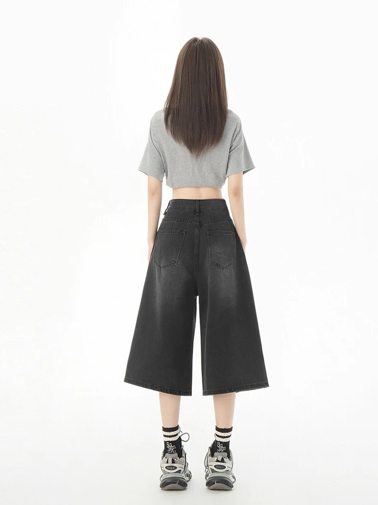 REDDACHiC Acubi แฟชั่นผู้หญิงเบอร์มิวดากางเกง Clean Fit Casual PLAIN หนวดขากว้างสีดํา Jean กางเกงขาสั้น Punk VINTAGE Streetwear