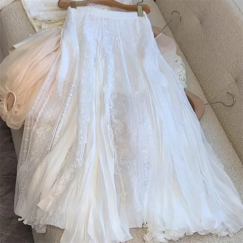 Nouvelle mode fleur broderie dentelle Jupe femmes français élégant Tutu Tulle jupes maille a-ligne longue Jupe printemps vêtements