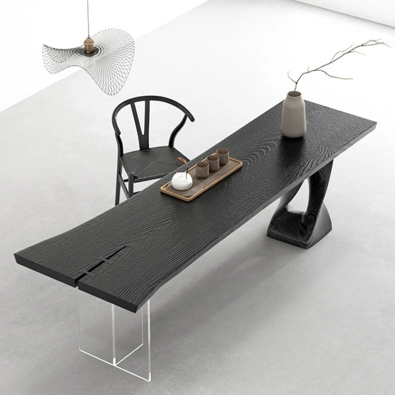 

Wooden tea table log carbonized black large board table living room simple light luxury household tea table wabi sandy wind