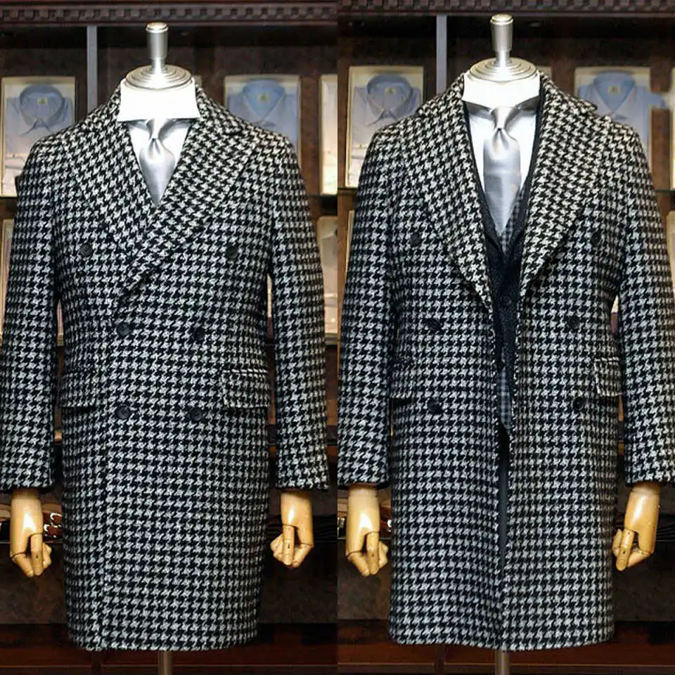

Houndstooth Woolen Coat Men Tailor-Made One Piece Overcoat Double Breasted Winter Warm Business Wedding Groom Prom Customized