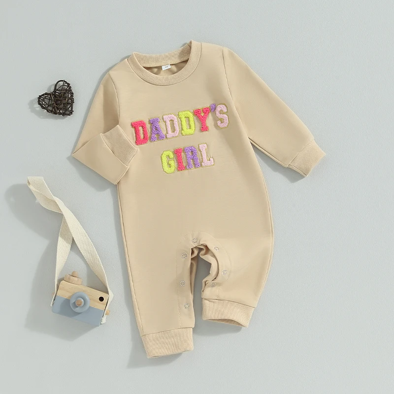

Infant Baby Girl Spring Fall Jumpsuit Fuzzy Letter Embroidery Round Neck Long Sleeve Full Length Romper Toddler Clothes