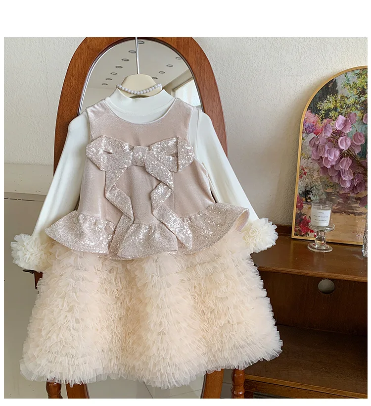 2026 New Baby Girls Fall Boutique Long Sleeve Sets,  Underwear + Bow Sequined Mesh Vest Dress  Princess Sweet Suits  3-7 T