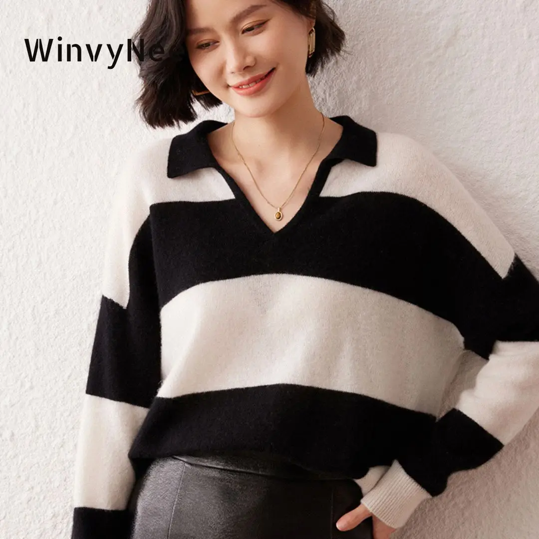 WinvyNee Women's Clothing Cashmere Wool Sweaters Big V Polo Neck Solid Casual Loose Outerwears Pullover Jumpers Winter A1044036