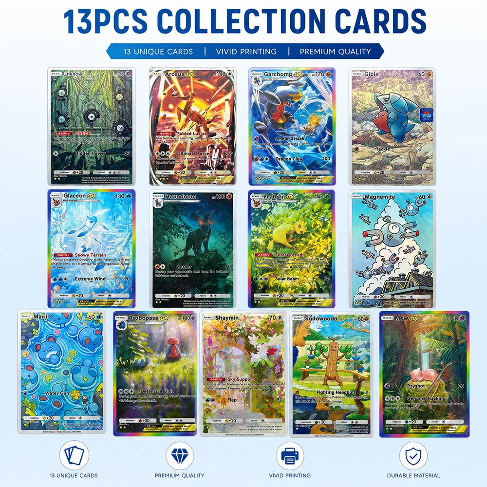 Coleção de Cartas Colecionáveis Mystery Full Art - 13 Peças Raras Holo Foil Estilo GX EX - Arceus, Garchomp, Mew, Glaceon - Edição de Presente
