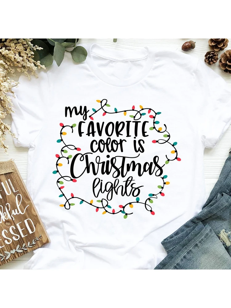 Fashion Women T-Shirt My Favorite Color Is Christmas Lights Printed Tees Summer Casual White Short Sleeve Tops Xmas Gift