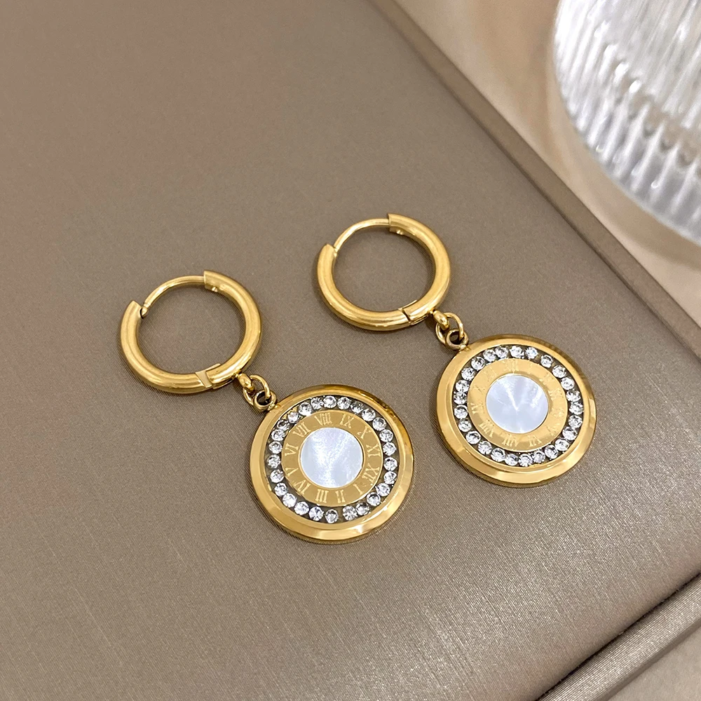 Flashbuy Luxury Women‘s Stainless Steel Rhinestone Roman Numeral Drop Earrings For Women Elegant Statement Fashion Accessories