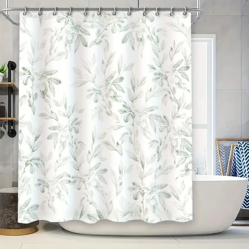 

Luxury Green Floral Printed Shower Curtain Waterproof Bathroom Decor Large Size Bathtub Cover White Flower Pattern Home Decorati