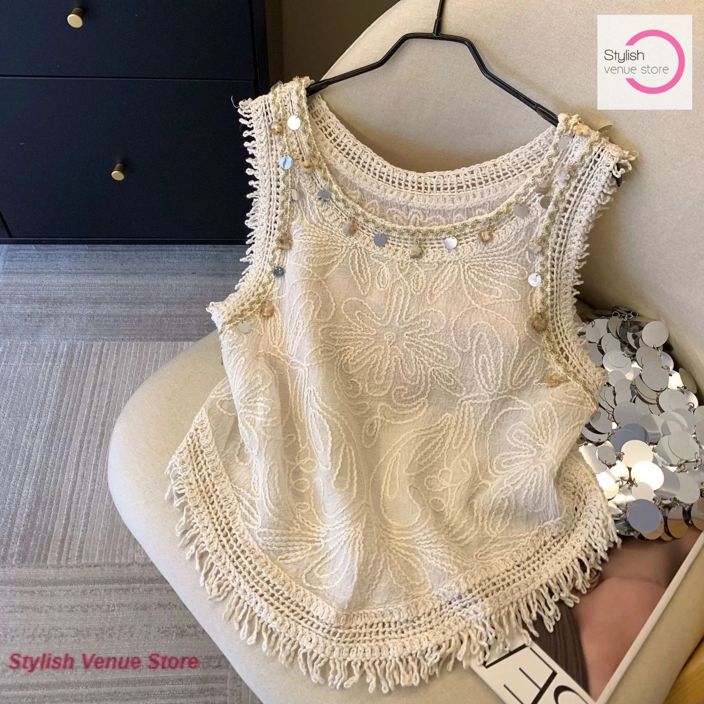 

French retro crocheted hollow camisole women's summer fashion western-style top-grade blouse temperament sequined sleeveless top