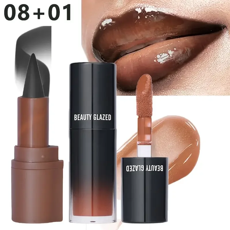 Combo de brillo de labios hidratante y delineador marrón para mujer, efecto hidratante y relleno, 2 colores, combinación de delineador de labios