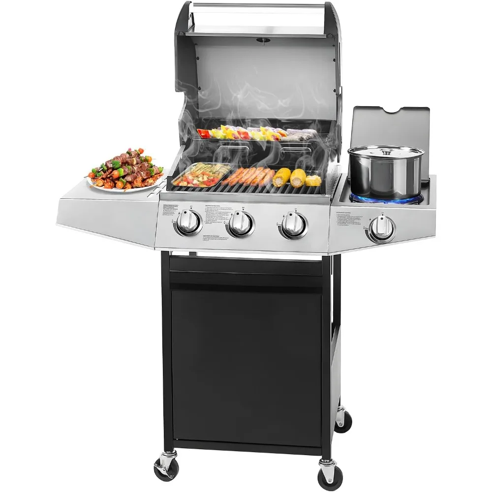 

3-Burner Propane Gas BBQ Grill with Side Burner & Porcelain-Enameled Cast Iron Grates Built-in Thermometer, 39,000 BTU Outdoor