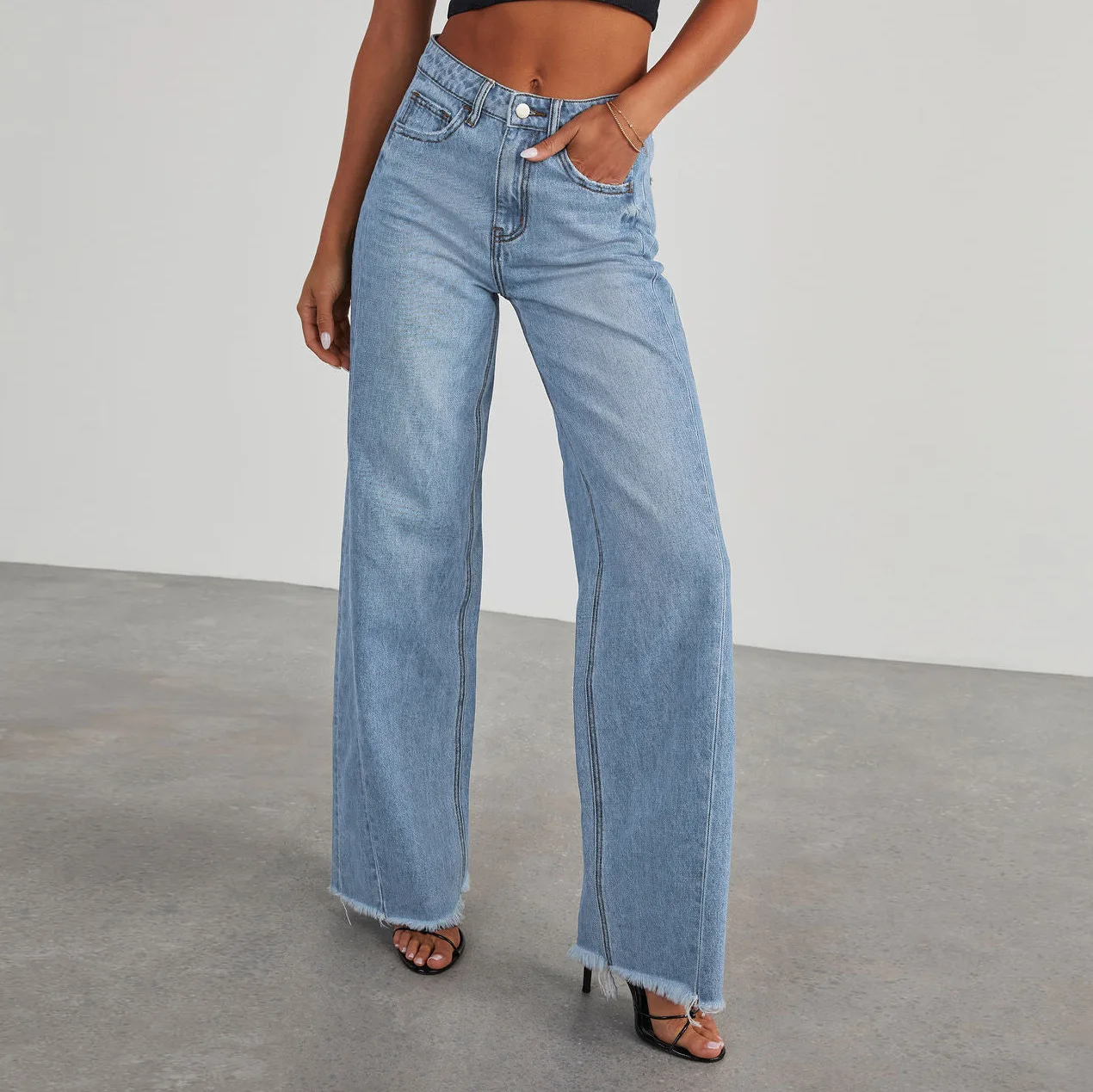 High Rise Washed Straight Denim Pants for Women Wide Leg Vintage Dragging Jeans Distressed High Street Trousers Casual Streetwea