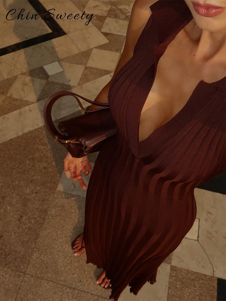 

Elegant Knitted Long Dress Women Solid V-neck Sleeveless Slim Straight Dresses 2025 Summer Lady Chic Holiday Commute Robes New
