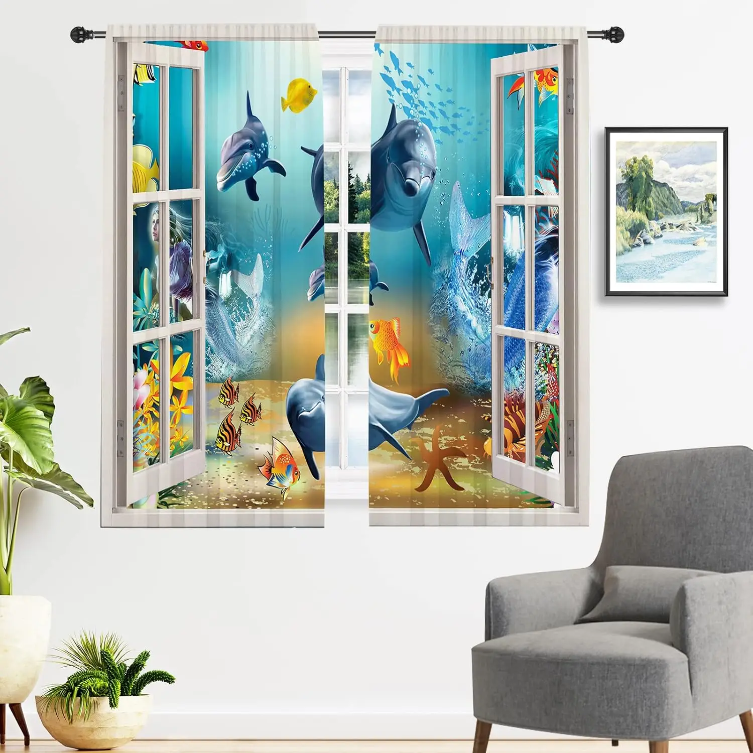 Ocean Curtains - Open Windows with Under Sea Dolphin Fish Tortoise Coral Reef Shark Mermaid Pattern Rod Pocket Window Drapes for