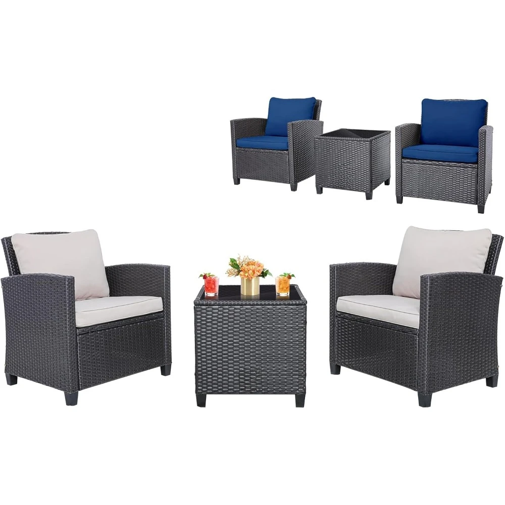 3 Pieces Patio Furniture Set, PE Rattan Wicker 3 Pcs Outdoor Sofa Set w/Washable Cushion and Tempered Glass Tabletop