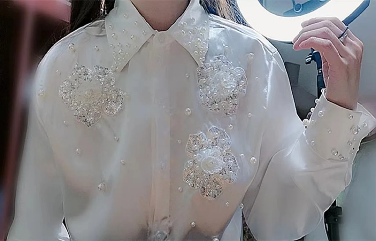 New In 2024 White Beaded Sequined Embroidery White Shirts For Women Long Sleeve Buttons Up Blouses Fashion Top