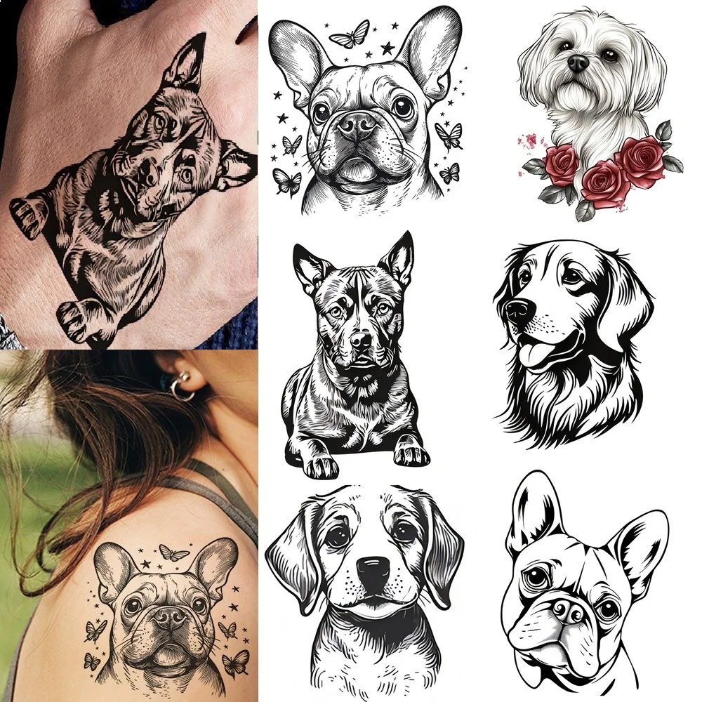 6 Sheets Cute Dog Temporary Tattoos Tribal Totem Dog Head Waterproof Tattoo Stickers For Hands Women Men Body Art Fake Tattoo