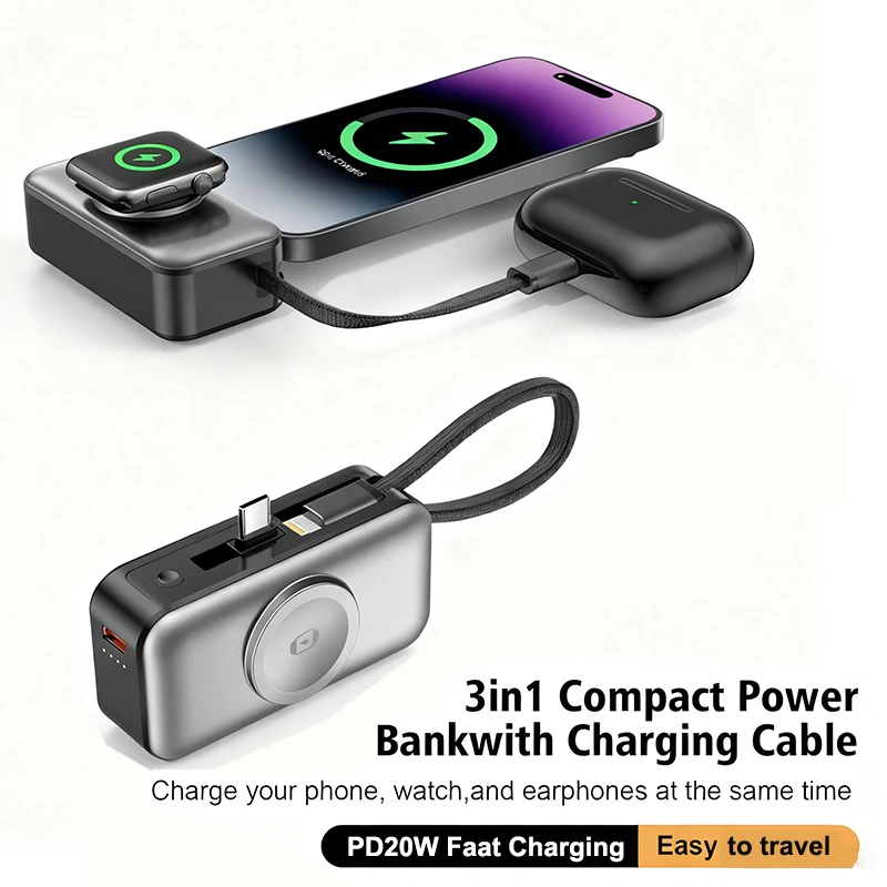 

Mini Power Bank with USB C Cable Plug PD20W Fast Charging for iPhone 16 15 Magnetic Wireless Charger for iWatch Apple Watch 10 9