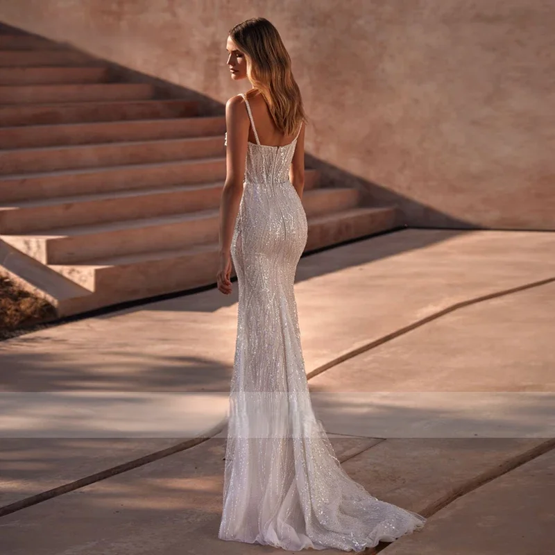 현대 섹시한 서스펜더 인어 웨딩 드레스 민소매 연인 신부 드레스 광택 레이스 줄무늬 맞춤 웨딩 드레스