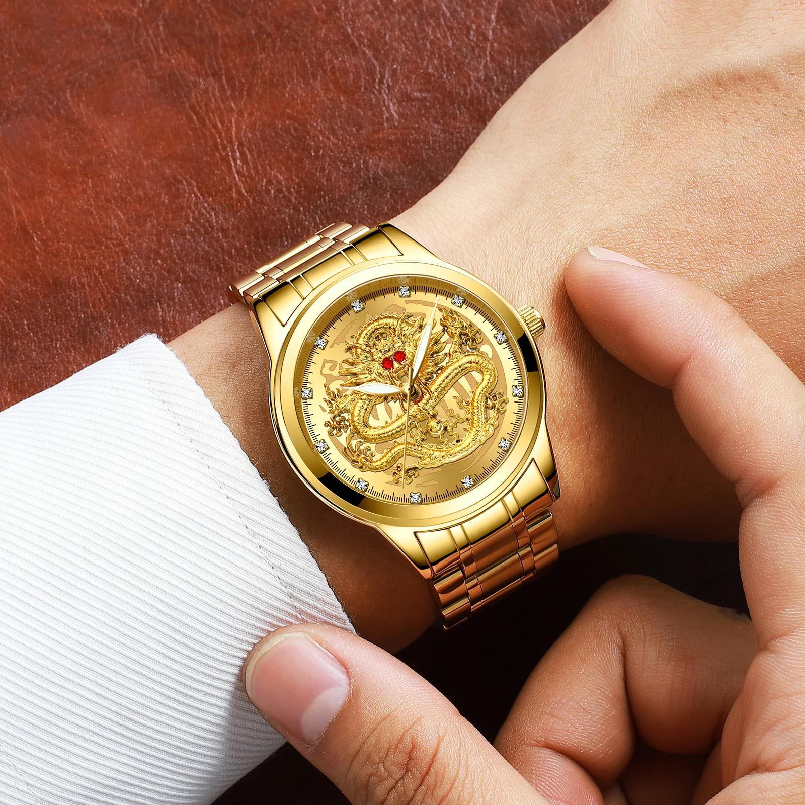 Embossed Gold Dragon Watch Men's Waterproof Business Diamond Set Ruby Dial Fashion High Quality Watch Relogio Masculino