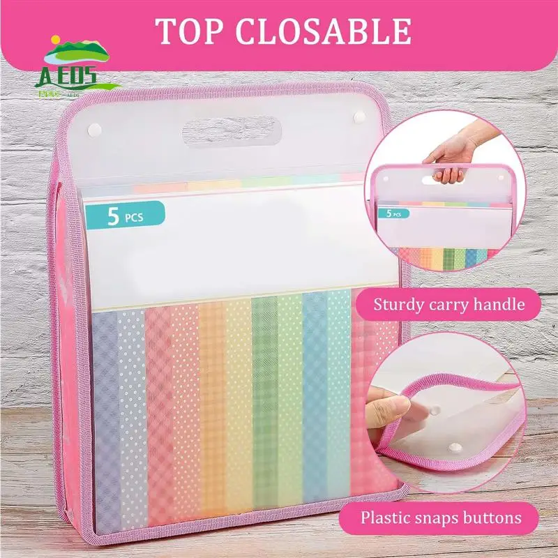 

AED5-5 Pack Scrapbook Paper Organizer, Pink Expanding Paper Folio, Portable Scrapbook Paper Storage With Button Closure
