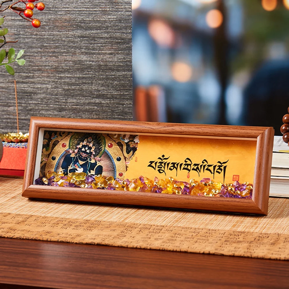 Tibetan Wealth Deity Ornament, Thangka Zaki Ram Framed Art with Crystal Stones, Blessing Decorations Souvenir for Home Altar