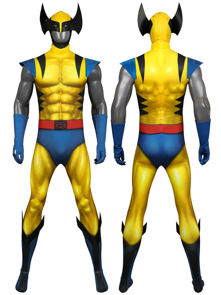 

Cartoon X 97 New Superhero Cosplay Costume Wolf Yellow Jumpsuit Zentai Bodysuit Halloween Man Wolverine Role Play Outfits