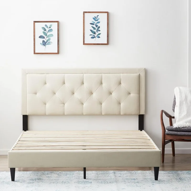 Twin Bed Frame with Diamond Tufted Upholstered Headboard – Twin Size Platform Bed Frame – Removeable Wood Slats