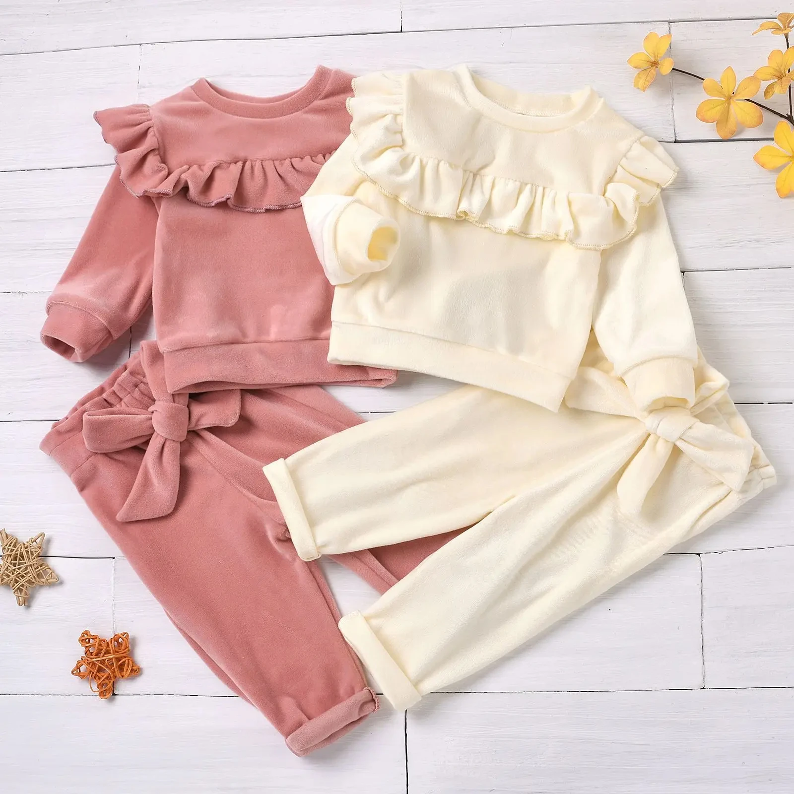 2PCS Warm Ruffle Trim Top Smooth Velvet Outfits Bow Decoration Elastic Waist Pants Girl Autumn Winter 0-3Y Kid Clothes