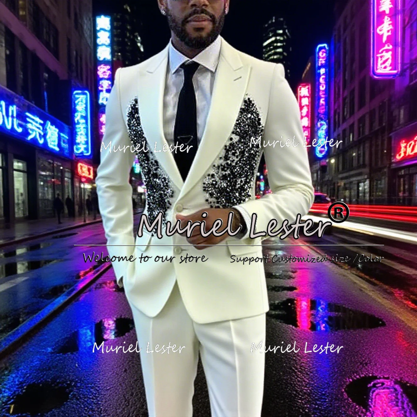 Exclusive Crystals Beaded Business Suits Men 2 Pieces Sets Single Breasted Groom Prom Blazers Customized Male Fashion Tuxedos
