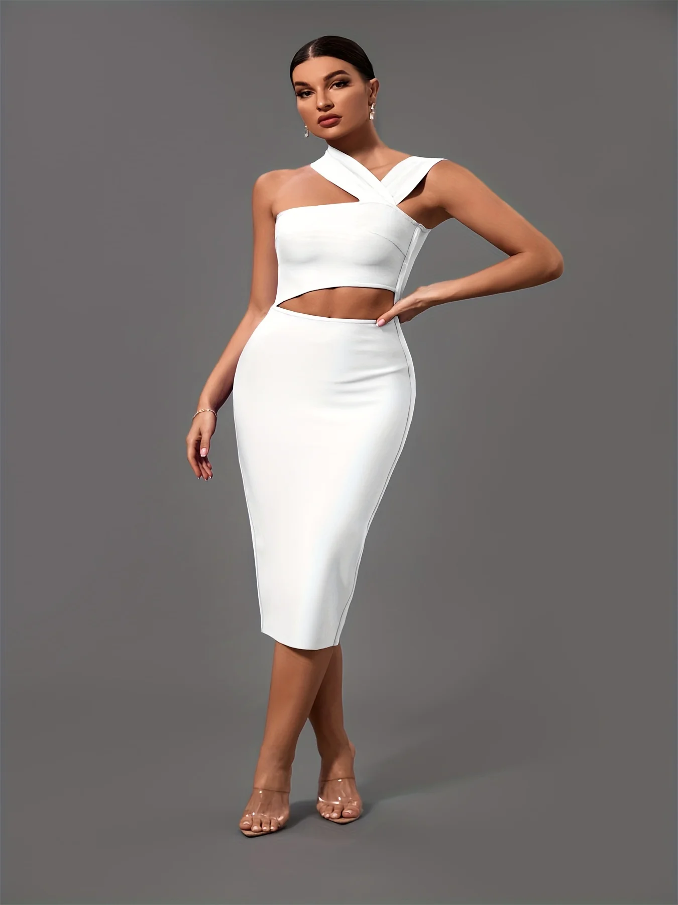 White Bandage Dress Women Midi Party Dress Bodycon Elegant Halter Neck Sexy Cut Out Birthday Evening Club Outfits Summer